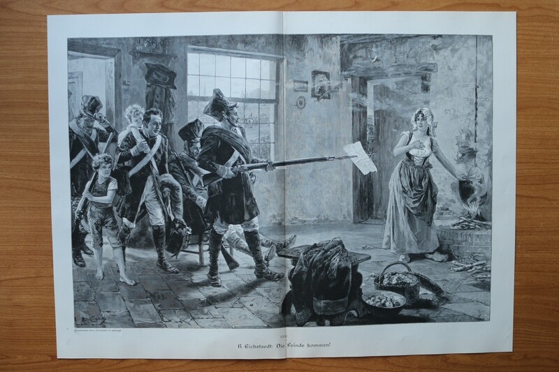 Holzstich nach Rudolf Eichstaedt 1890-1910 Die Feinde kommen Soldaten Frau Herd Kinder 52 x 38 cm