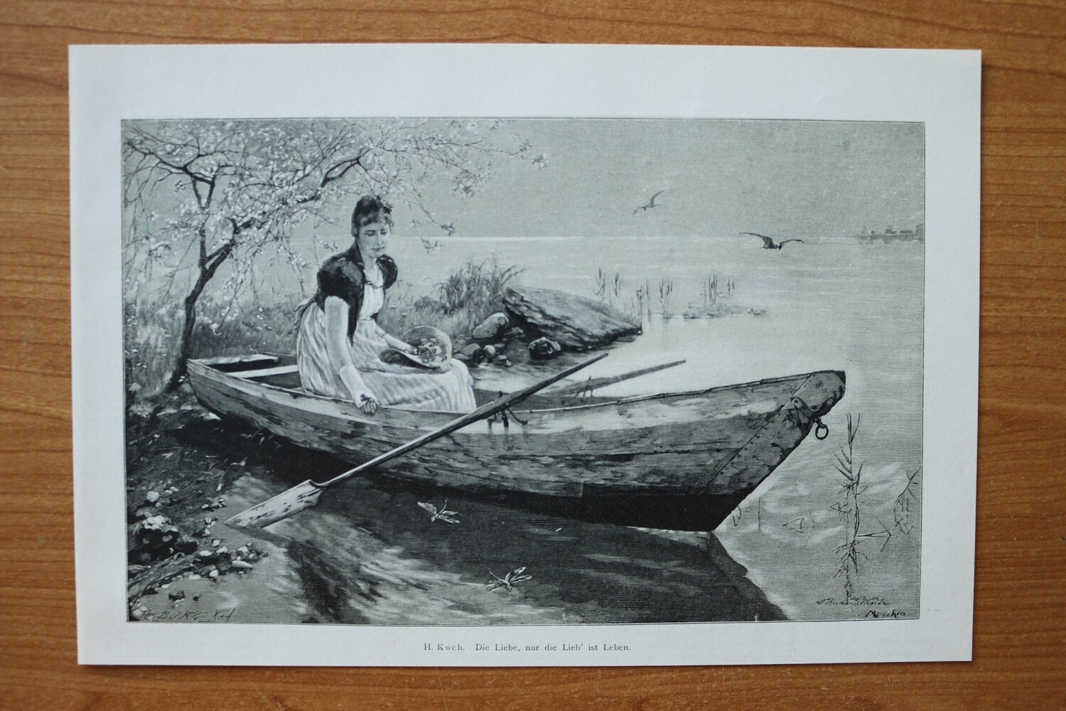 Holzstich nach H Koch München 1890-1910 Die Liebe nurdie Lieb ist Leben Frau Kahn Boot 26,5 x 18 cm