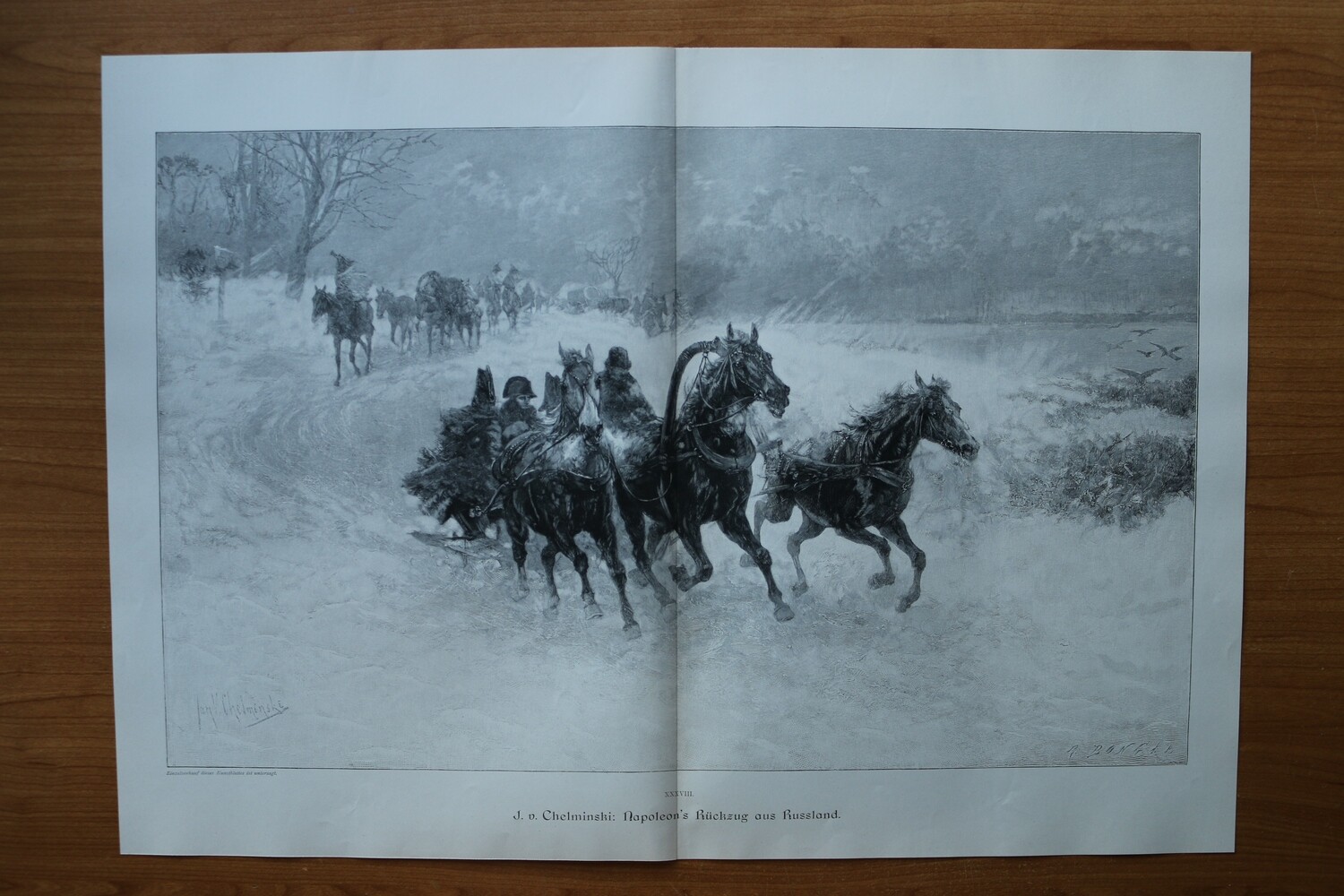 Holzstich nach Jan v Chelminski 1890-1910 Napoleon Rückzug aus Russland Schlitten Winter Krieg 52 x 37,5 cm