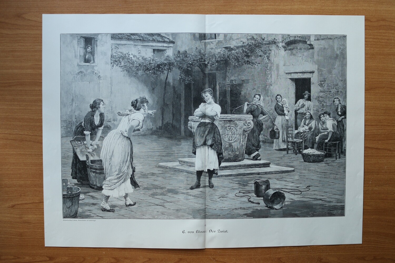 Holzstich nach E von Blaas 1890-1910 Der Zwist Streit Frauen Brunnen Wasser holen 52 x 37,5 cm