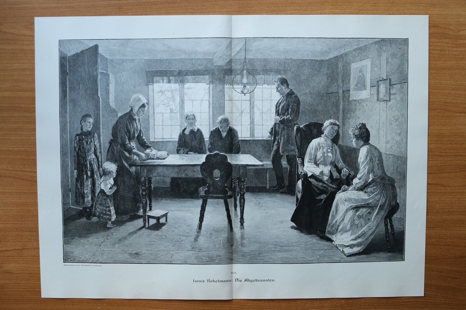 Holzstich nach Louis Bokelmann 1890-1910 Die Abgebrannten Stube Möbel 52 x 38,5 cm