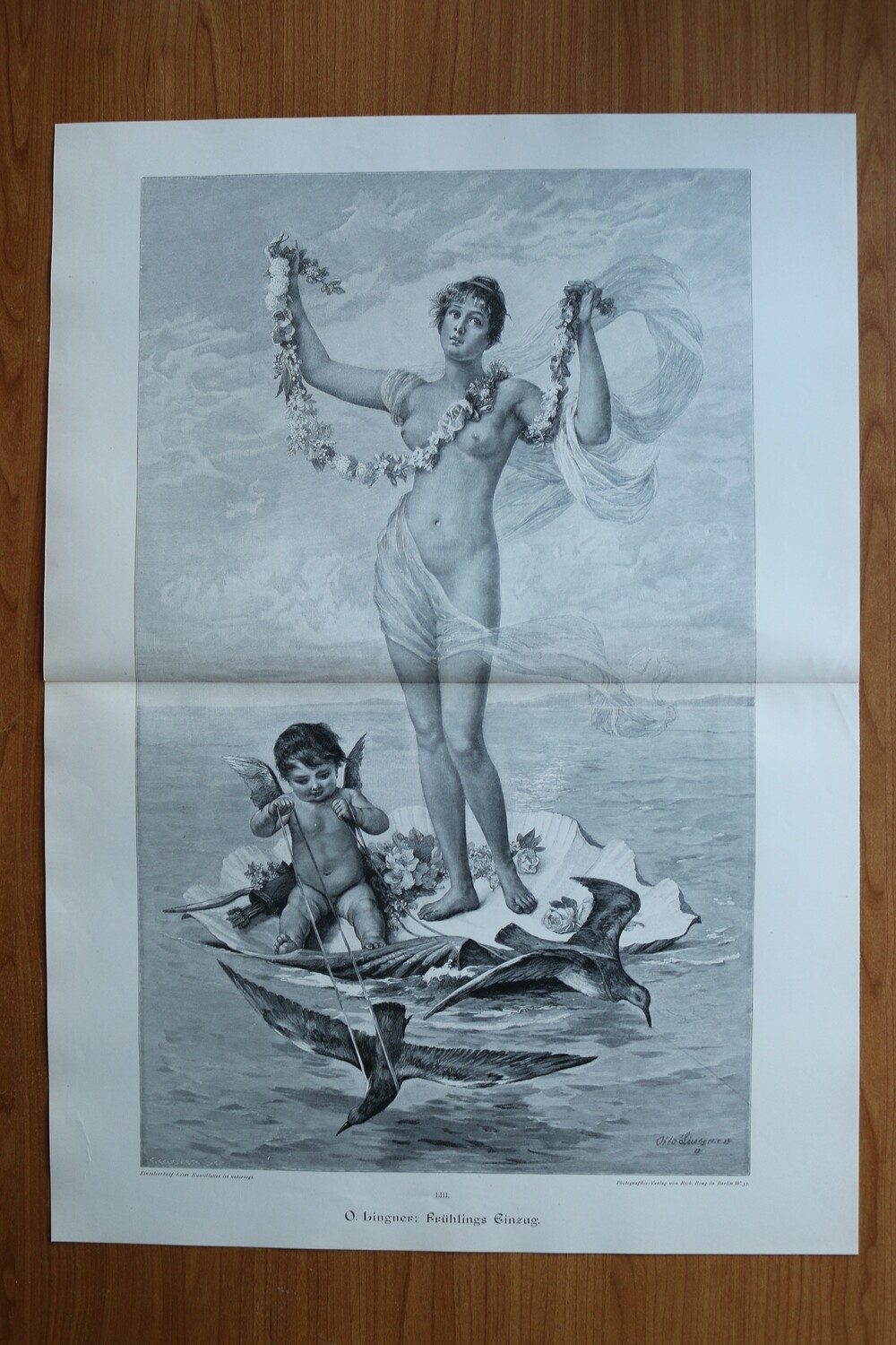 Holzstich nach Otto Lingner 1890-1910 Frühling Einzug Frau Muschel Putto Venus Mythologie nackt 51,5 x 37 cm