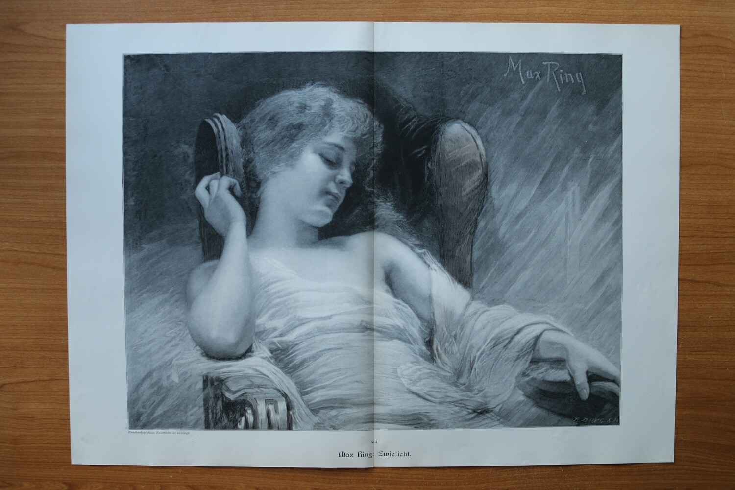Holzstich nach Max Ring 1890-1910 Zwielicht Frau schlafen 52 x 38 cm