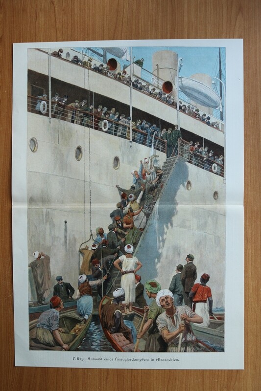 Farb Holzstich nach Paul Hey 1890-1910 Ankunft eines Passagier Dampfers in Alexandrien Ägypten Händler Schiff Reise 53 x 37,5 cm Farb Holzstich nach Paul Hey 1890-1910 Ankunft eines Passagier Dampfers in Alexandrien Ägypten Händler Schiff Reise 53 x 37,5 cm