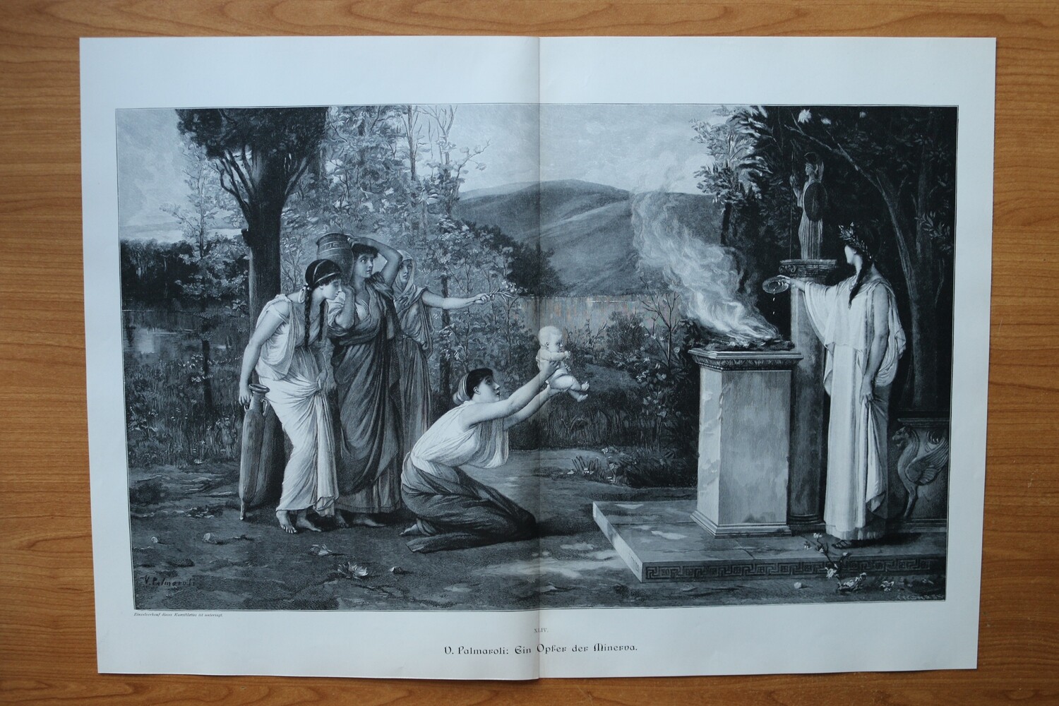 Holzstich nach V Palmaroli 1890-1910 Ein Opfer der Minerva Götter Mythologie Frauen Kind 52 x 37 cm
