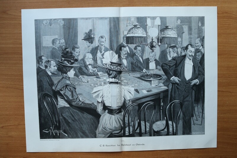 Holzstich nach C H Kuechler 1890-1910 Im Spielsaal zu Ostende Belgien Roulette Glücksspiel Frauen Männer Mode 52 x 38 cm