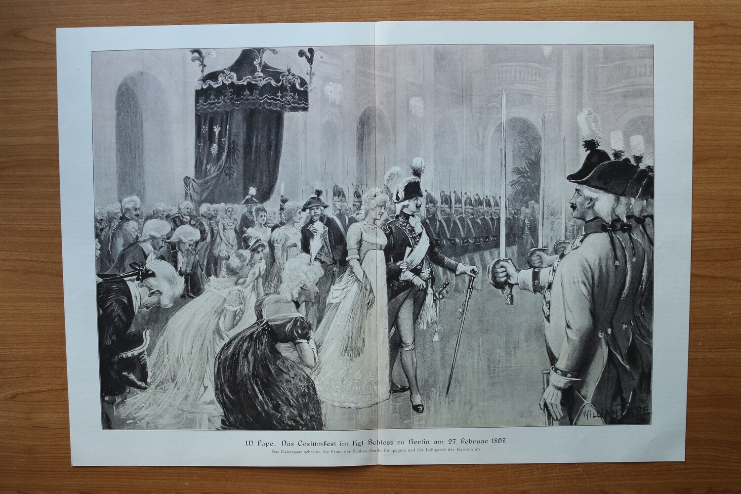 Kunst Druck nach William Pape 1890-1910 Kostümfest königliches Schloss Berlin 1897 Kaiser Wilhelm II schreitet Garde Kompagnie ab 52 x 37 cm
