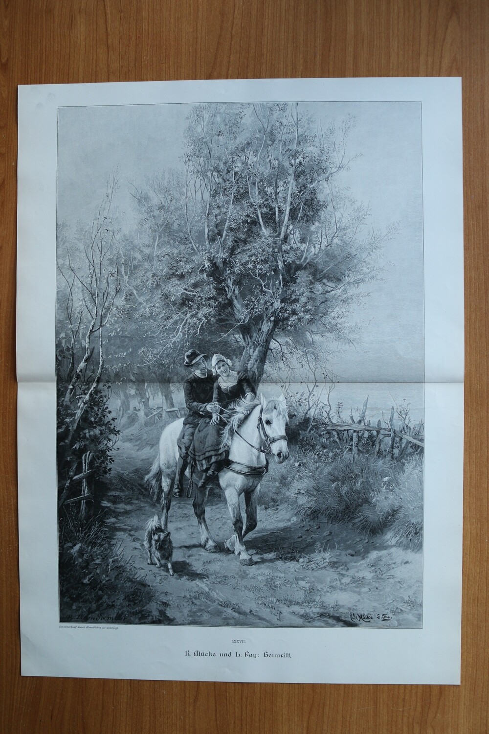 Holzstich nach Karl Mücke und L Fay 1890-1910 Heimritt Paar Pferd Liebespaar Hund 52 x 38,5 cm