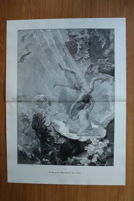 Holzstich nach Albert Maignan 1890-1910 Die Geburt der Perle Allegorie Paar Akt nackt Meer Muschel 52 x 38 cm