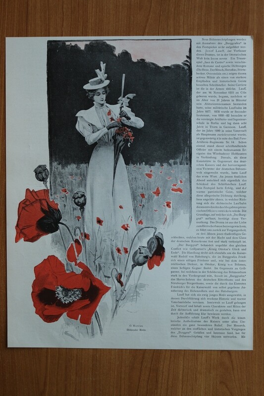 Kunst Druck nach O Marcus 1890-1910 Blühender Mohn Mohnblumen Feld Frau Kleid 26,5 x 34 cm