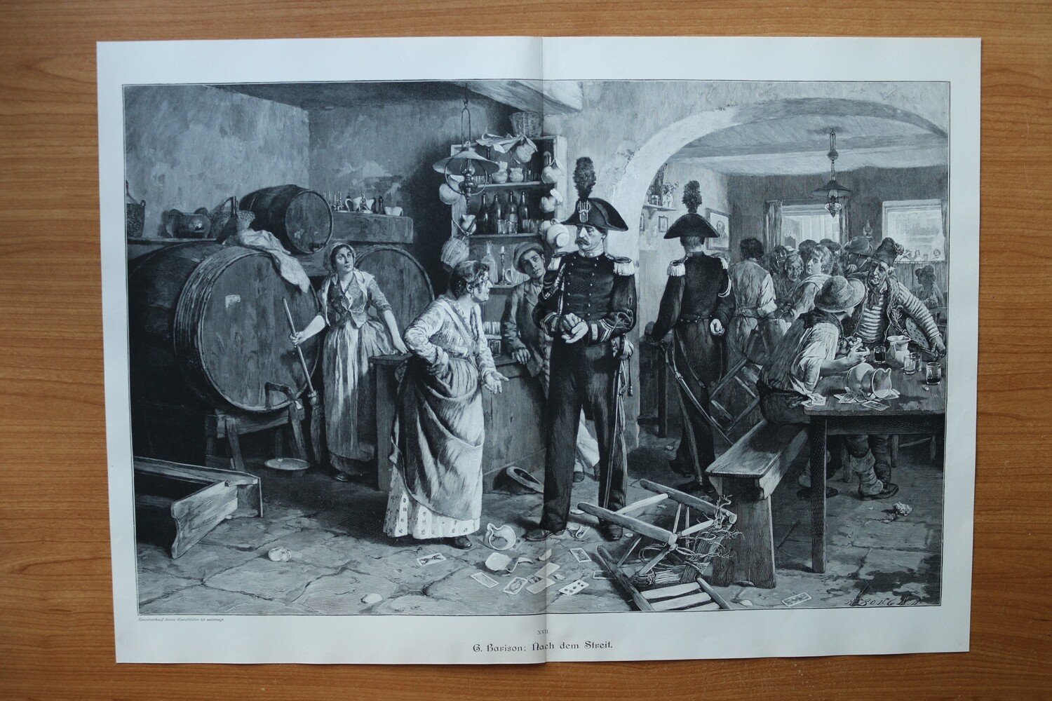 Holzstich nach G Barison 1890-1910 Nach dem Streit Gasthaus Gendarm Kartenspiel Theke Möbel 53,5 x 38 cm