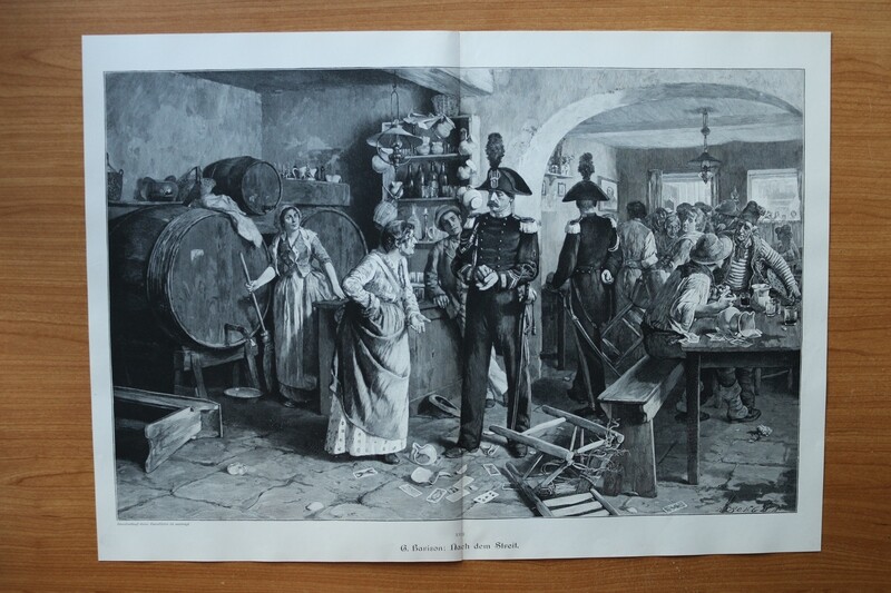 Holzstich nach G Barison 1890-1910 Nach dem Streit Gasthaus Gendarm Kartenspiel Theke Möbel 53,5 x 38 cm