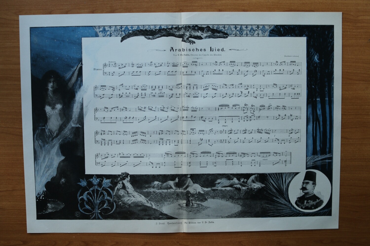 Kunst Druck nach F Stahl 1890-1910 Arabisches Lied von V Fr Faltis Direktor des Khedive Illustriert Musik Noten 53 x 37 cm