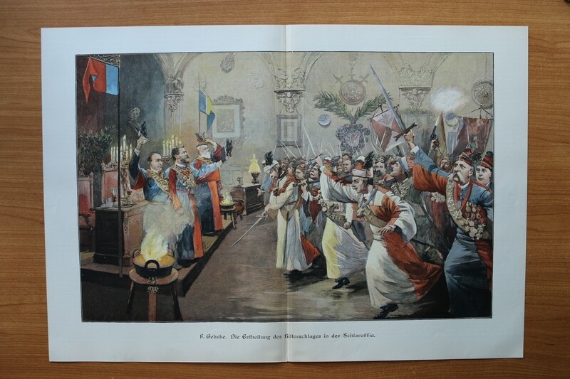 Farb Holzstich nach F Gehrke 1890-1910 Die Erteilung des Ritterschlag in der Schlaraffia Studentika Studentenverbindung 52,5 x 37 cm Farb Holzstich nach F Gehrke 1890-1910 Die Erteilung des Ritterschlag in der Schlaraffia Studentika Studentenverbindung 52,5 x 37 cm