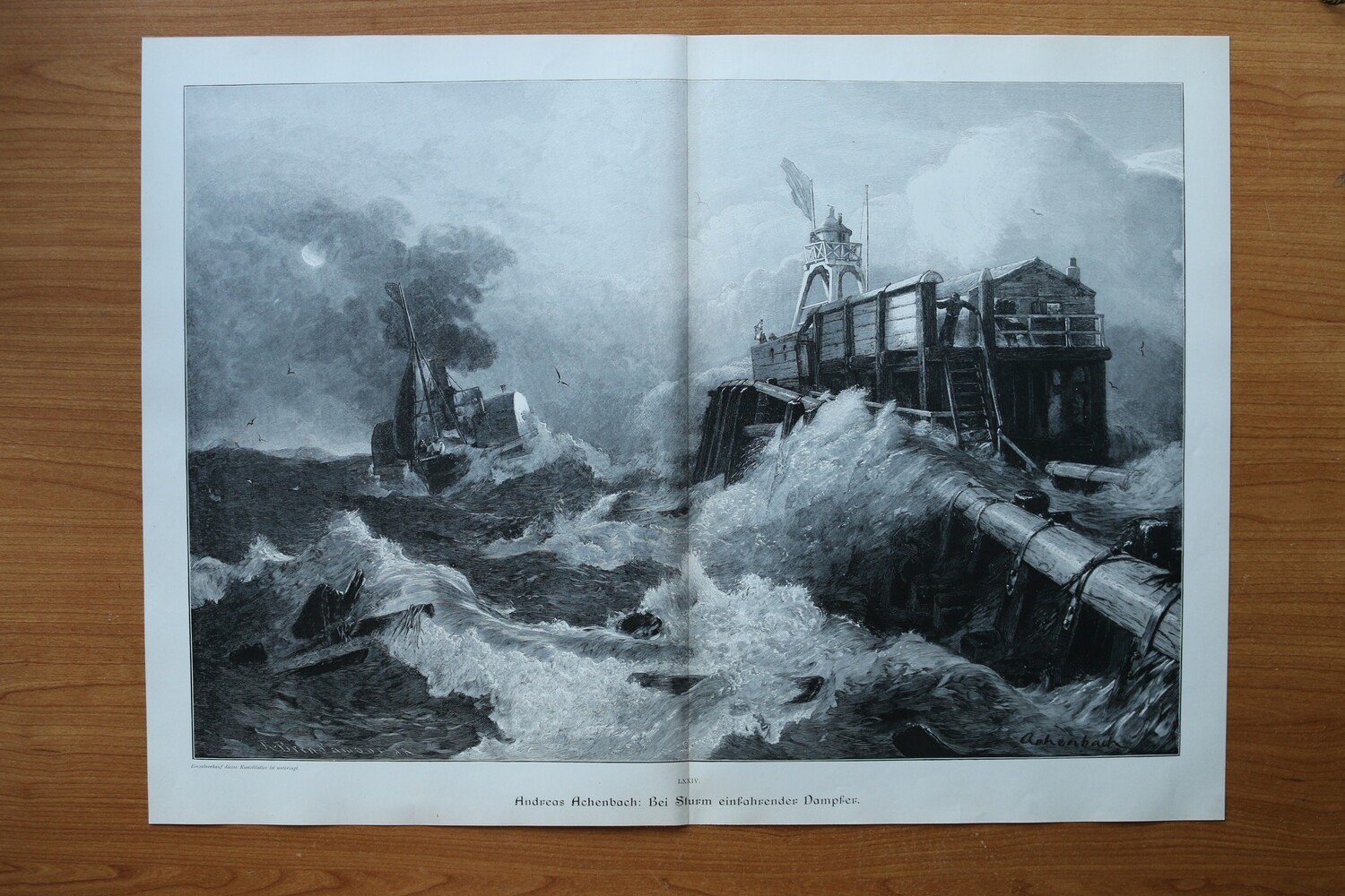 Holzstich nach Andreas Achenbach 1890-1910 Bei Sturm einfahrender Dampfer Seefahrt Mole Schiff Schaufelraddampfer 53 x 38 cm