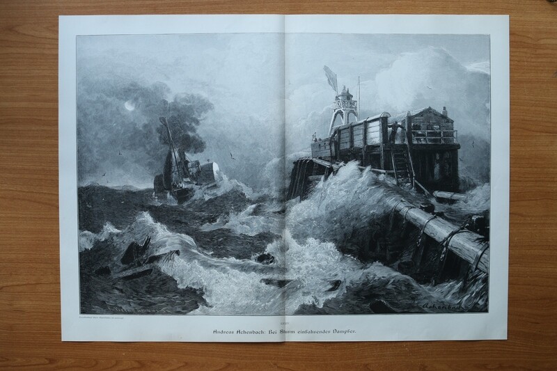 Holzstich nach Andreas Achenbach 1890-1910 Bei Sturm einfahrender Dampfer Seefahrt Mole Schiff Schaufelraddampfer 53 x 38 cm