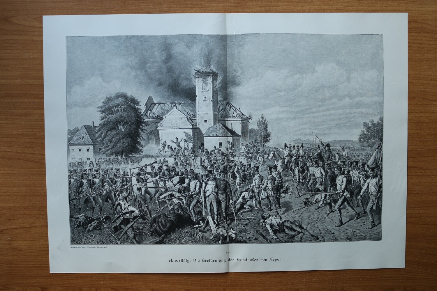 Holzstich nach A von Mály 1890-1910 Erstürmung des Friedhof von Aspern Wien Österreich Militär Krieg Soldaten 52 x 37,5 cm