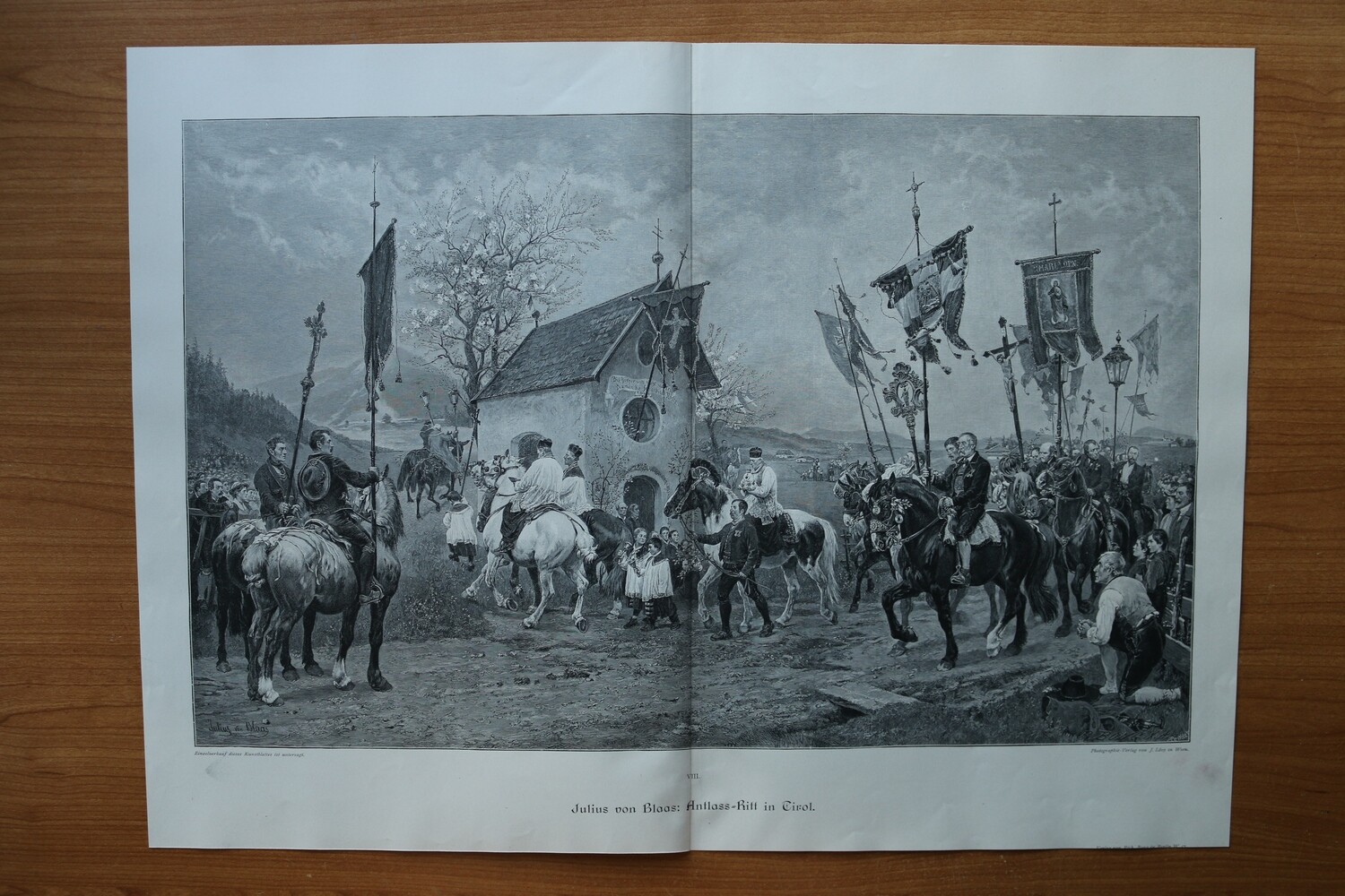 Holzstich nach Julius von Blaas 1890-1910 Antlass Ritt in Tirol Religion Prozession Pfarrer Pferde Brixen Italien 52 x 38 cm