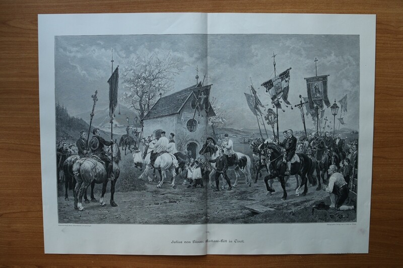 Holzstich nach Julius von Blaas 1890-1910 Antlass Ritt in Tirol Religion Prozession Pfarrer Pferde Brixen Italien 52 x 38 cm