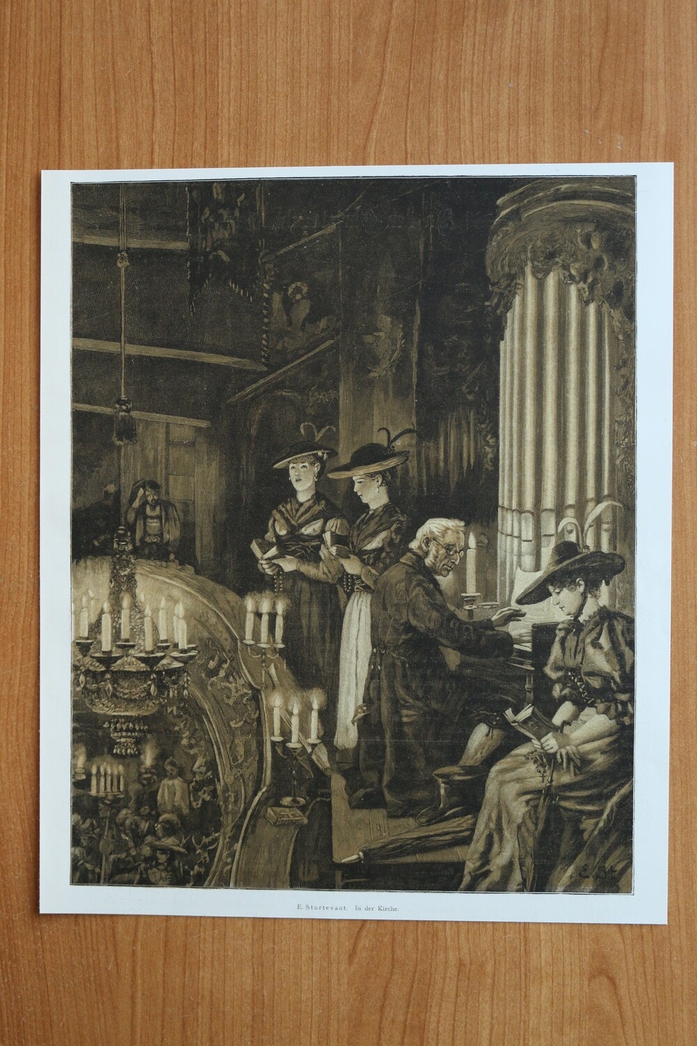 Farb Holzstich nach E Sturtevant 1890-1910 In der Kirche Orgel Tracht Bayern 26 x 31 cm