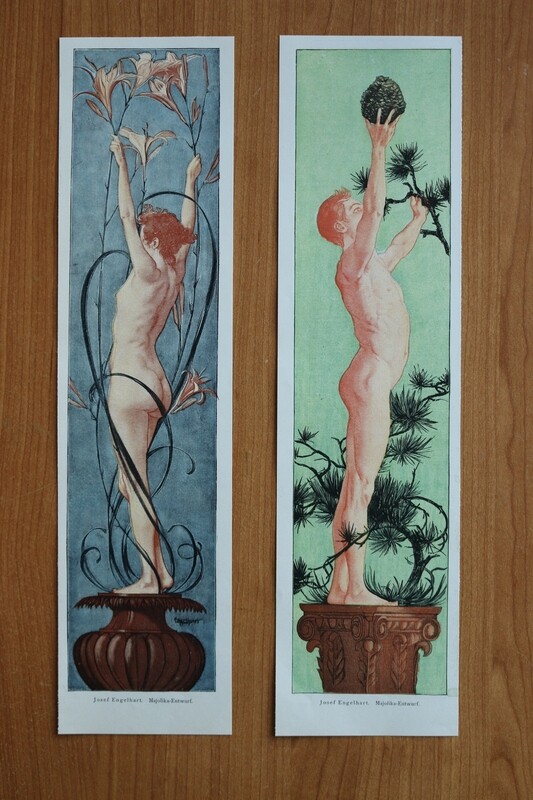 2 Blatt Farb Holzstich nach Josef Engelhart 1890-1910 zu Majolika Entwurf Mann Frau Akt Plastik Lilie Tannenzapfen 8,5 x 35 cm 2 Blatt Farb Holzstich nach Josef Engelhart 1890-1910 zu Majolika Entwurf Mann Frau Akt Plastik Lilie Tannenzapfen 8,5 x 35 cm