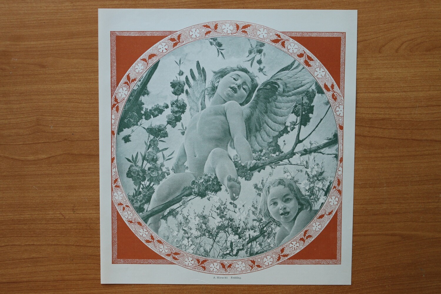 Farb Holzstich nach A Hirschl 1890-1910 Frühling Putti Engel Amoretten 26,5 x 28,5 cm