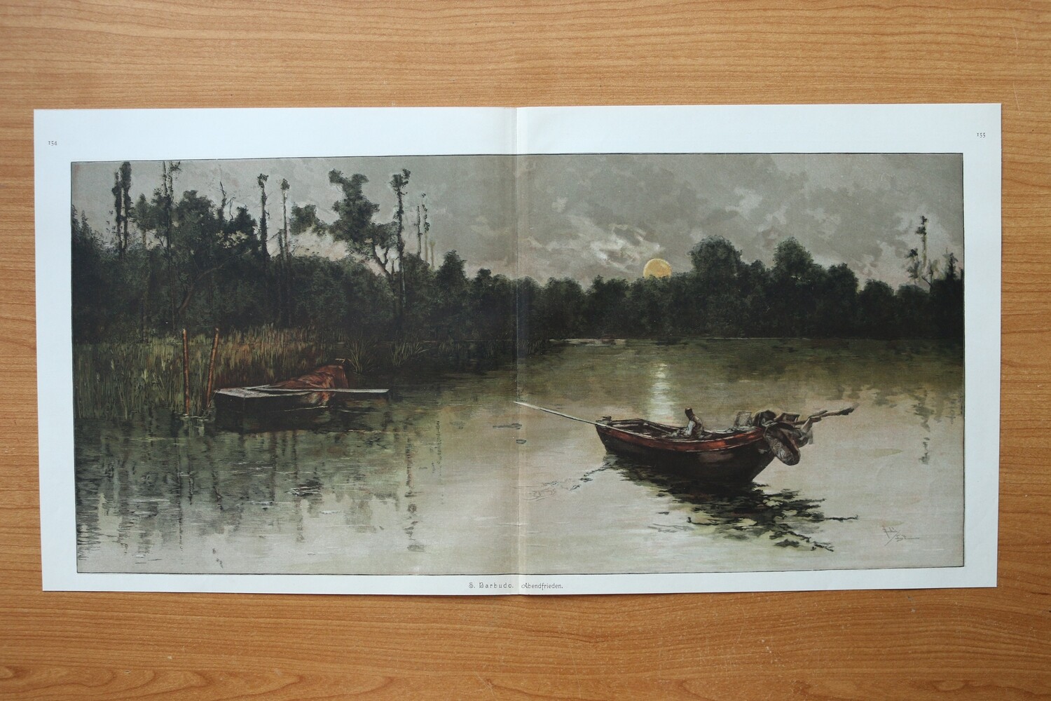 Farb Holzstich nach S Barbudo 1890-1910 Abendfrieden Fischer Boot Angeln See 53,5 x 27 cm