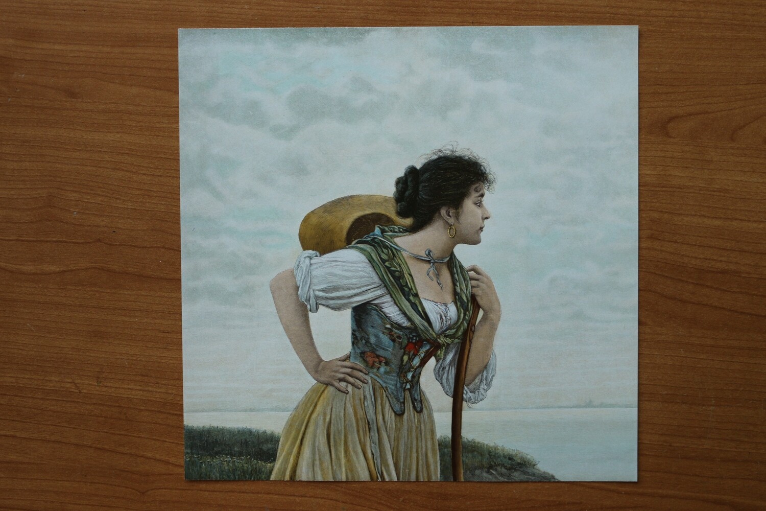Farb Holzstich 1890-1910 Frau in Tracht am Meer oder Fluss 24 x 24 cm