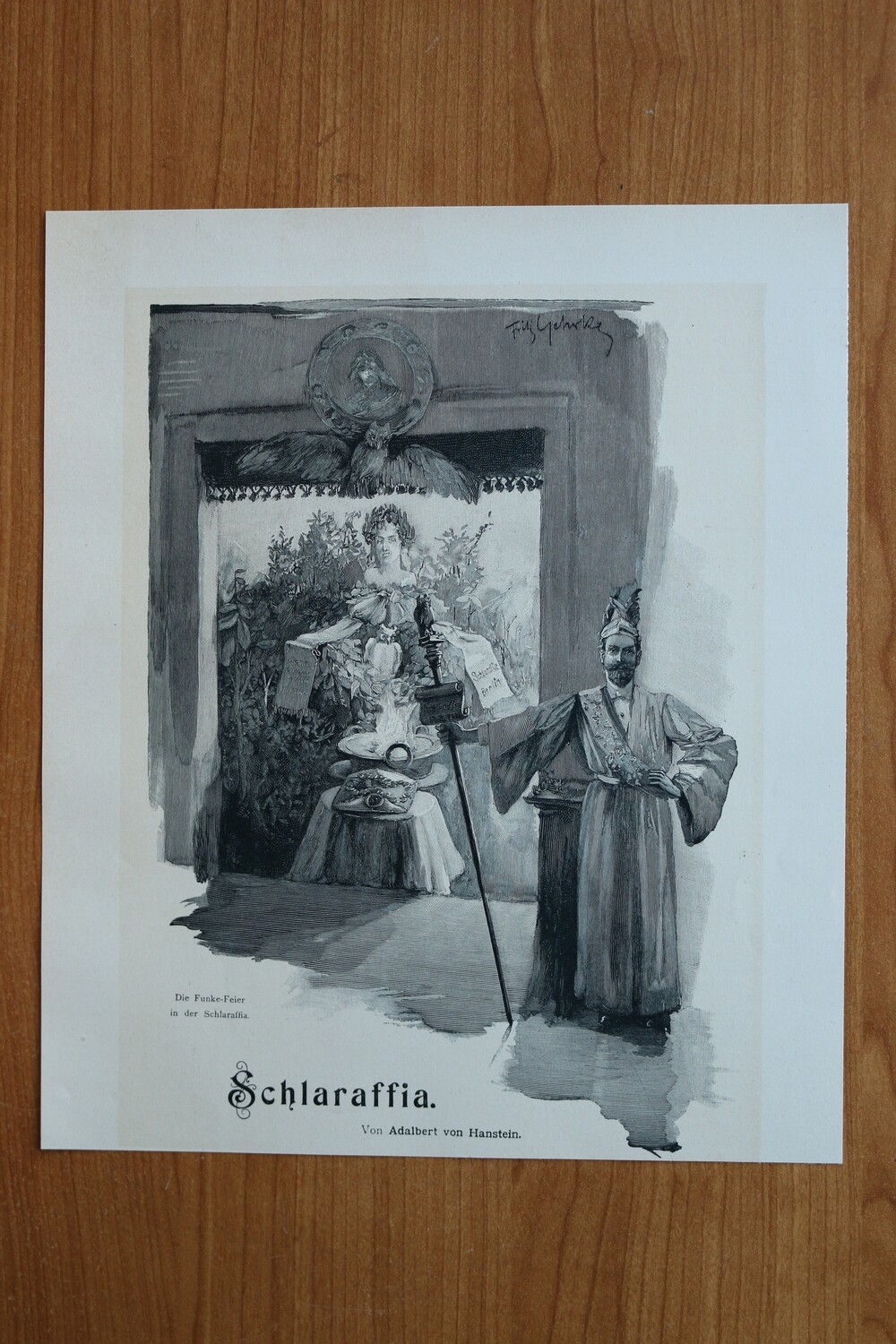 Holzstich nach Fritz Gehrke Adalbert von Hanstein 1890-1910 Schlaraffia Studentika Berlin Die Funke-Feier 23 x 27 cm
