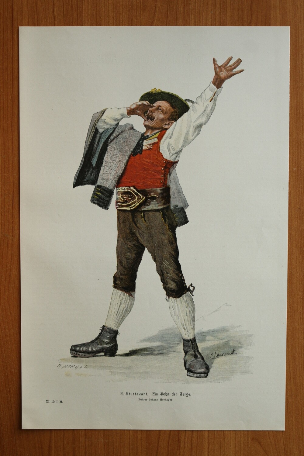 Farb Holzstich nach E Sturtevant 1890-1910 Ein Sohn der Berge Bayern Tracht Lederhose Jodler 25 x 37,5 cm
