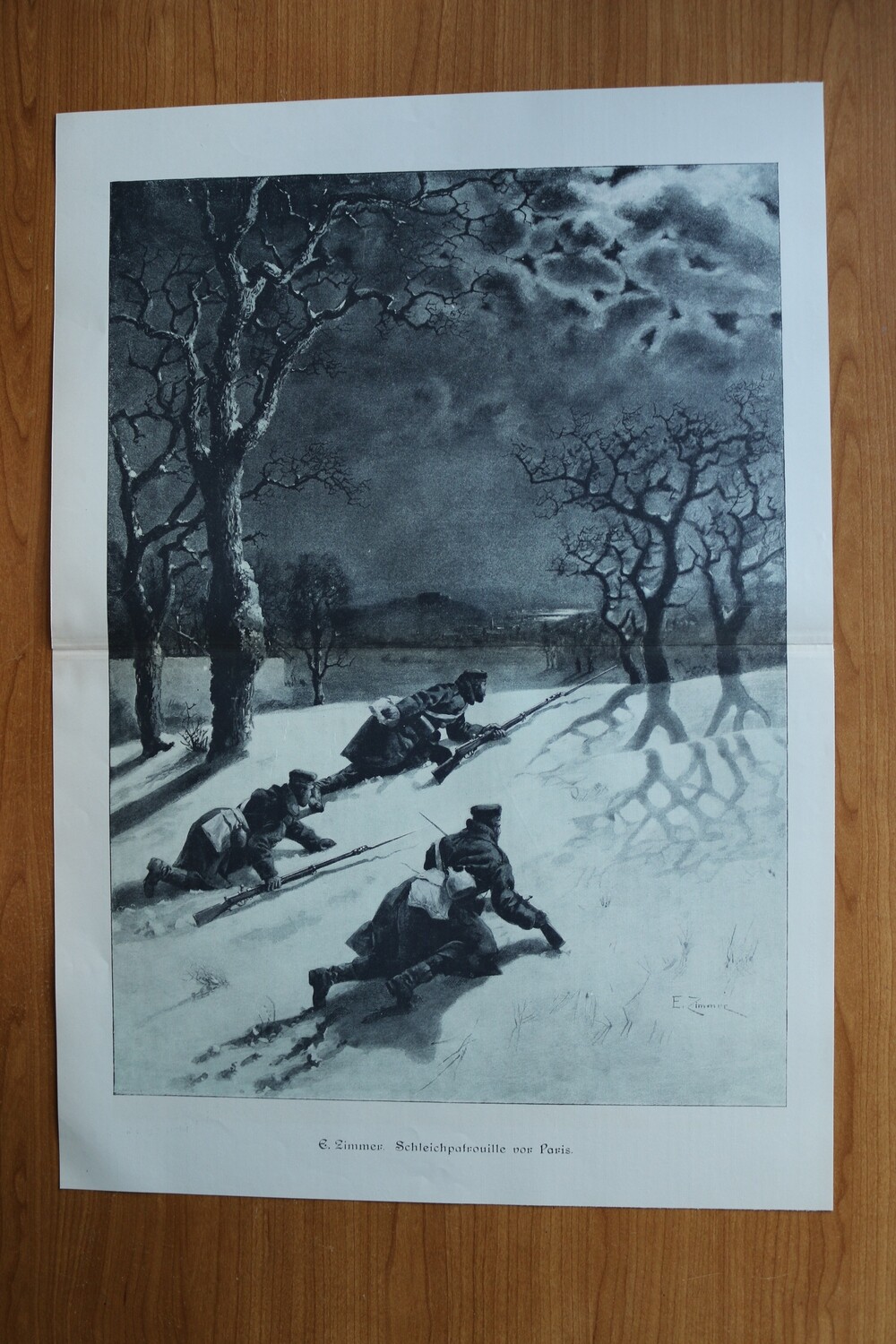 Kunst Druck nach E Zimmer 1890-1910 Schleichpatrouille vor Paris Deutsche Soldaten Winter Krieg 1870/71 52 x 37 cm