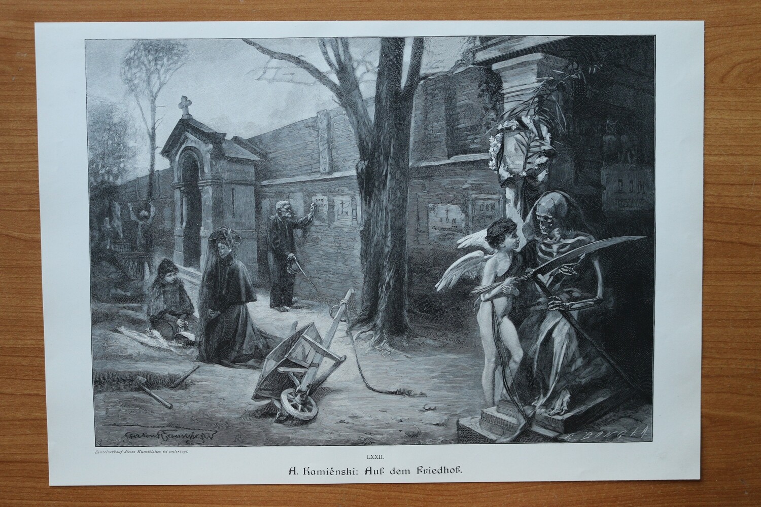 Holzstich nach Anton Kamiénski 1890-1910 Auf dem Friedhof Tod Amor Frau Beerdigung Gräber Skelett Sensenmann 37,5 x 26 cm