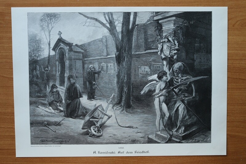Holzstich nach Anton Kamiénski 1890-1910 Auf dem Friedhof Tod Amor Frau Beerdigung Gräber Skelett Sensenmann 37,5 x 26 cm