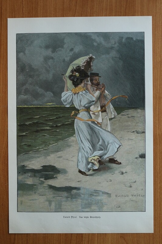 Farb Holzstich nach Ewald Thiel 1890-1910 Das letzte Streichholz Liebespaar Paar Strand Regenschirm Mode 26 x 38,5 cm