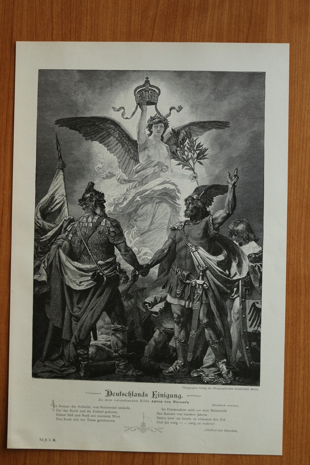 Holzstich nach Anton von Werner 1890-1910 Deutschland Einigung Germania Germanen Soldaten Schwur Patriotik 26 x 38,5 cm