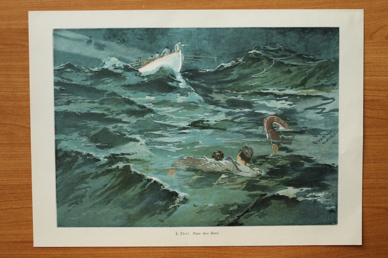 Kunst Druck Holzstich nach Ewald Thiel 1890-1910 Mann über Bord See Meer Rettungsring Seenot Rettungsboot 37 x 26,5 cm