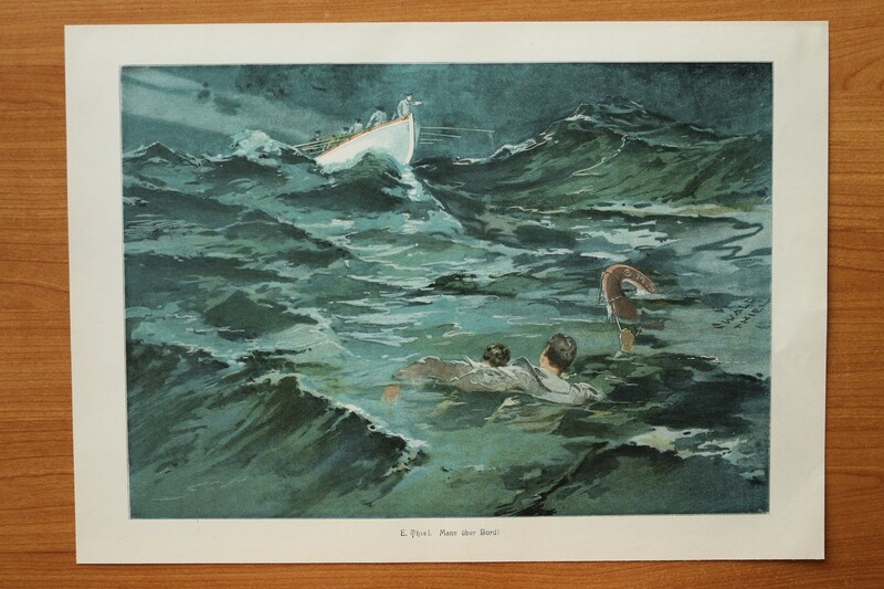 Kunst Druck Holzstich nach Ewald Thiel 1890-1910 Mann über Bord See Meer Rettungsring Seenot Rettungsboot 37 x 26,5 cm
