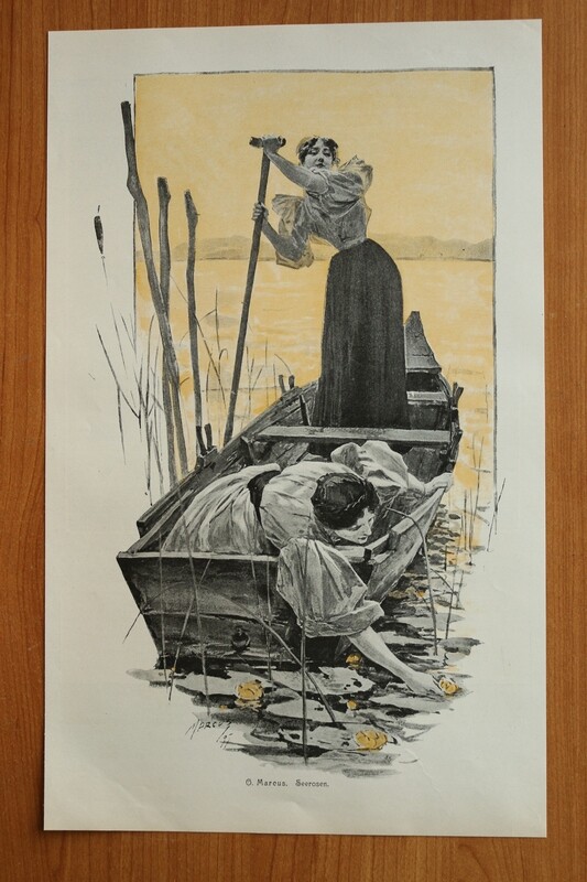 Kunst Druck nach O Marcus 1890-1910 Seerosen Frauen Kahn Schilf See 24 x 38,5 cm Kunst Druck nach O Marcus 1890-1910 Seerosen Frauen Kahn Schilf See 24 x 38,5 cm