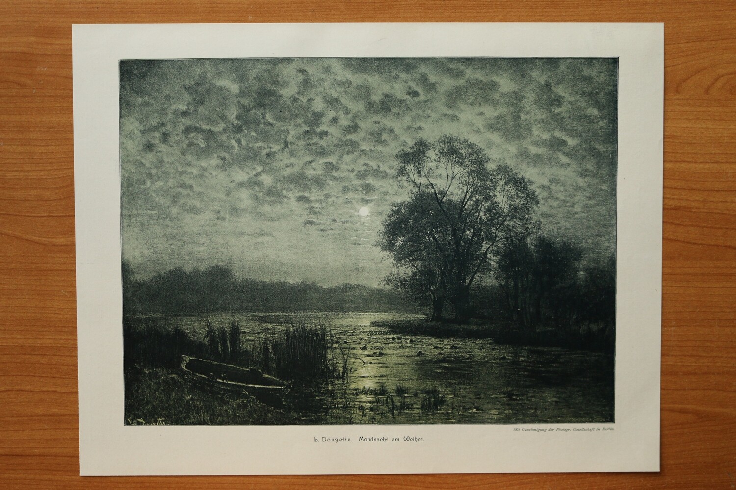 Kunst Druck nach L Douzette 1890-1910 Mondnacht am Weiher Landschaft Boot Natur 35 x 27 cm