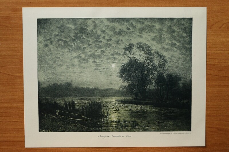Kunst Druck nach L Douzette 1890-1910 Mondnacht am Weiher Landschaft Boot Natur 35 x 27 cm
