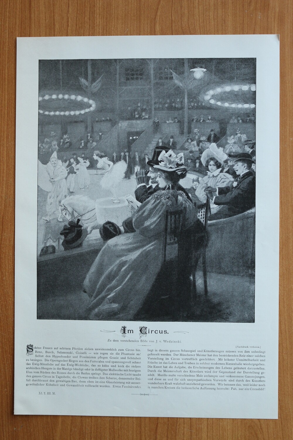 Kunst Druck nach J v Wodzinski 1890-1910 im Circus Zirkus Manege Artisten Zuschauer 26,5 x 38 cm