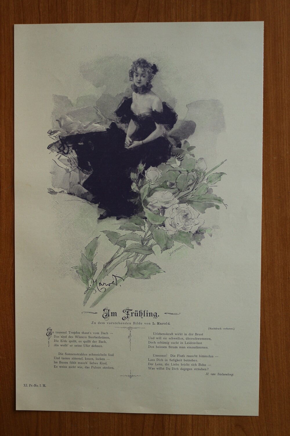 Farb Holzstich nach L Marold 1890-1910 Im Frühling mit Gedicht von Stolzenberg Frau Blumen Rose 23 x 37 cm