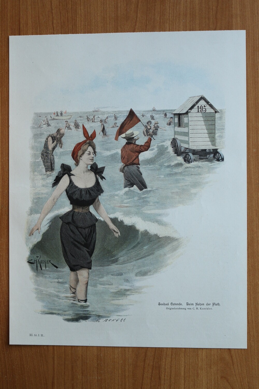 Farb Holzstich nach C H Kuechler 1890-1910 Seebad Ostende Belgien Beim Nahen der Flut Frau Badeanzug baden Mode 27 x 35,5 cm