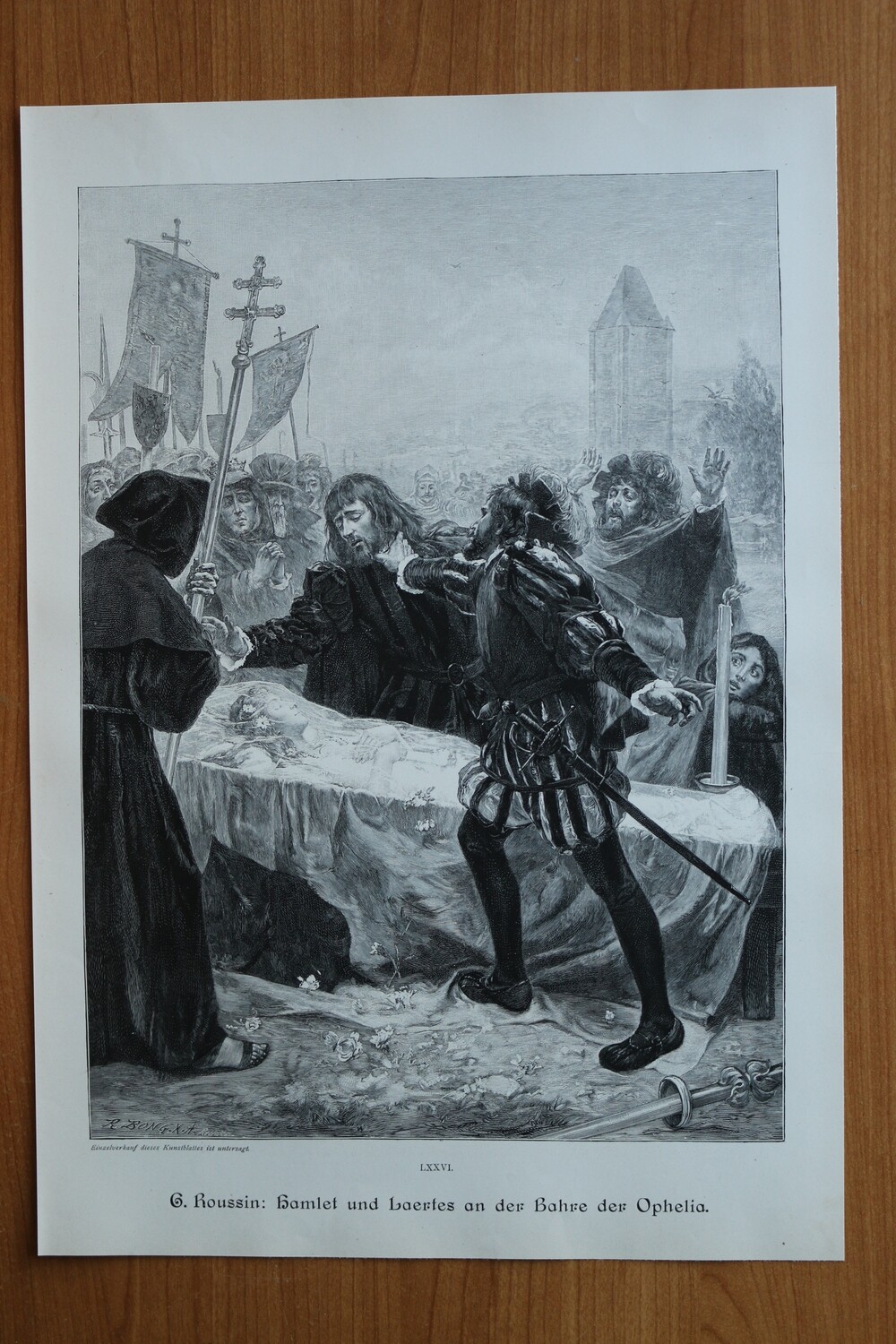 Holzstich nach G Roussin 1890-1910 Hamlet und Laertes an der Bahre der Ophelia Theater Schauspieler Kleidung 26,5 x 38,5 cm