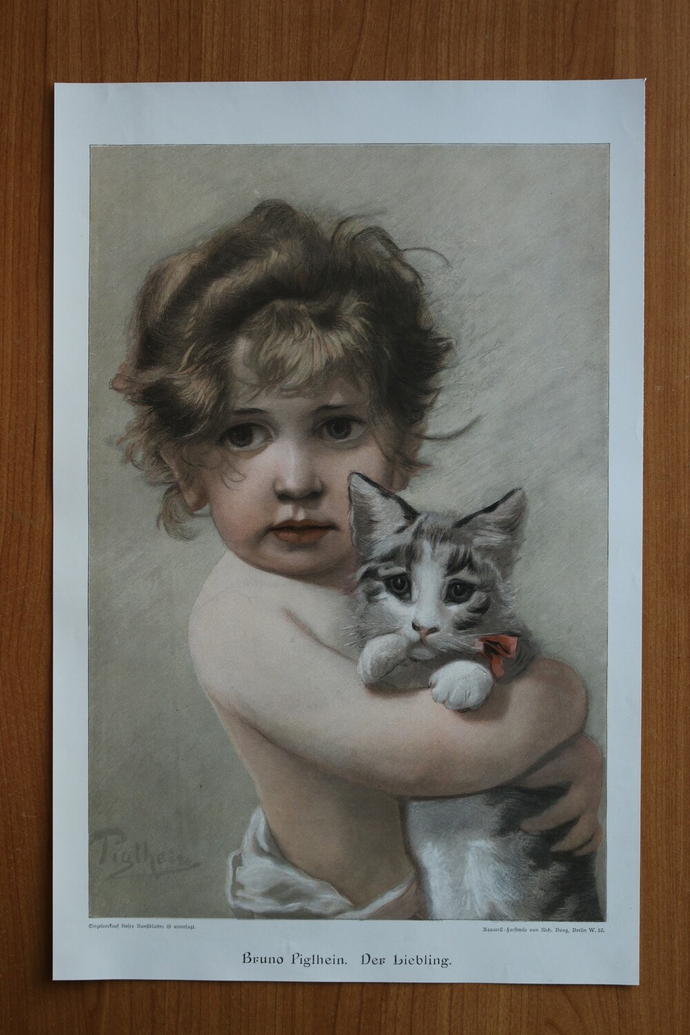 Farb Holzstich nach Bruno Piglhein 1890-1910 Der Liebling Mädchen Katze Kätzchen 25 x 38,5 cm
