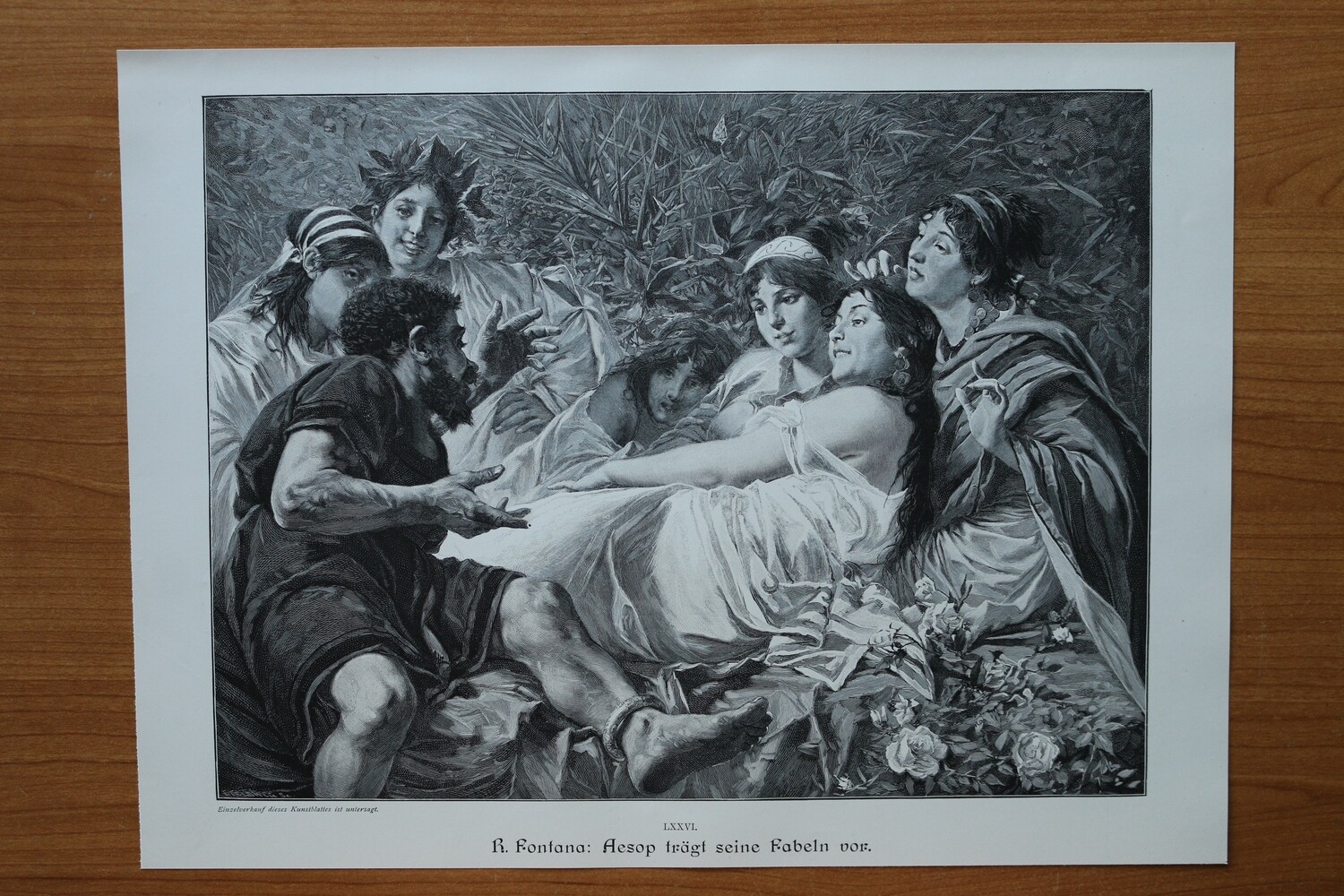Holzstich nach R Fontana 1890-1910 Aesop trägt seine Fabeln vor Frauen Antike 36 x 26,5 cm