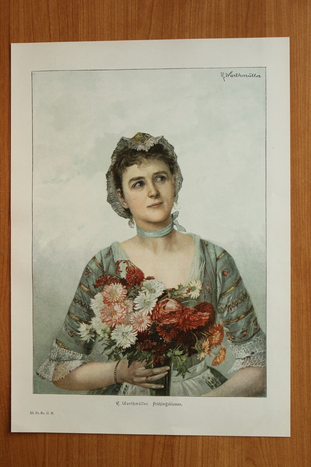Farb Holzstich nach R Werthmüller 1890-1910 Frühlingsblumen Frau Kleid Mode Astern 26 x 37 cm