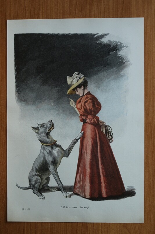 Farb Holzstich nach E M Sturtevant 1890-1910 Sei Artig Frau Kleid Mode grosser Hund Hunderasse 26 x 39 cm