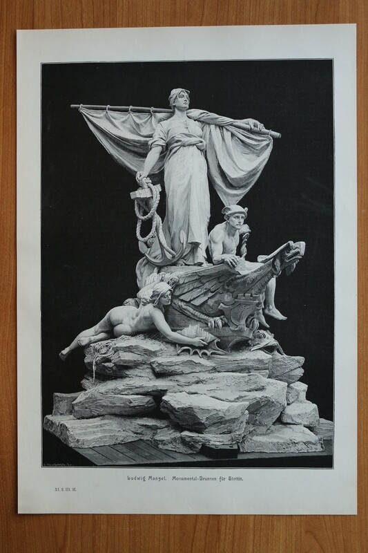 Holzstich nach Ludwig Manzel 1890-1910 Monumental Brunnen für Stettin Polen Hoffnung Anker Hermes Schiff 27 x 38,5 cm