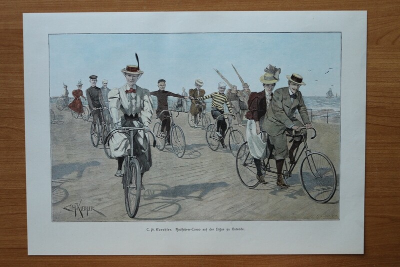 Farb Holzstich nach C H Kuechler 1890-1910 Radfahrer Corso auf der Digue zu Ostende Belgien Fahrrad Frauen Tandem Mode 37,5 x 27 cm